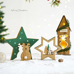 Christmas Wooden Desktop Ornaments Handmade Xmas Santa Claus Snowman Star Elk Tabletop Decorations Holiday Party Decor