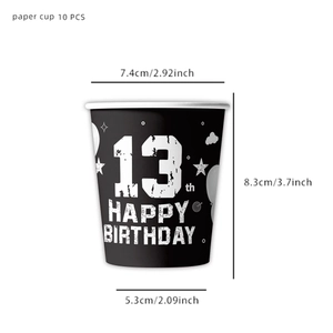 Detailed view of 10-piece black 13th birthday paper cups with white star patterns