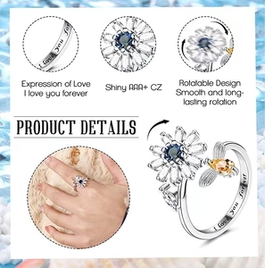 Detail of spinning daisy and bee ring with I Love You Forever engraving and zircon stones