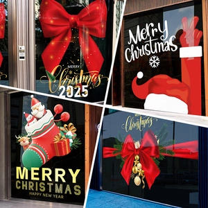 Christmas Window Stickers PVC Static Cling No Glue Double Sided Red Bow Santa Snowflake Xmas Glass Door Shop Decor