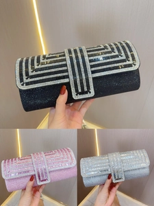 Elegant rhinestone evening clutches in black, pink, and silver glitter finishes