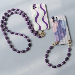 Purple acrylic bead phone chain and crossbody strap with golden metal clasps