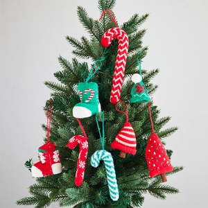 Knitted Christmas tree ornaments set including miniature stockings and candy canes
