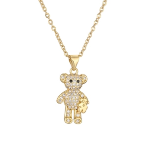 Fashionable gold teddy bear pendant necklace with sparkling zircon micro-paving for women