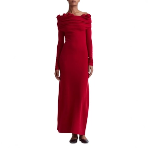 Elegant red off-shoulder slim-fit maxi dress featuring 3D floral ruffles and long sleeves