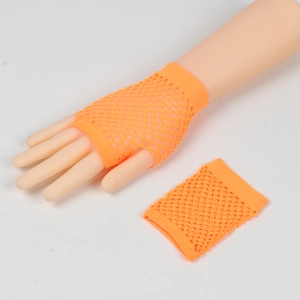 Detail view of neon orange fishnet gloves showing mesh texture and fingerless design
