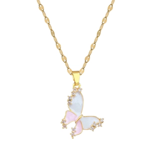 Pink butterfly pendant necklace in titanium steel with crystal accents on white backdrop