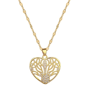 Elegant gold titanium heart necklace with hollow tree pattern and sparkling white zircons