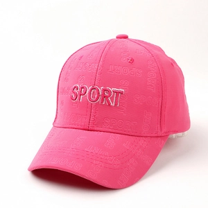 Close-up of pink baseball cap featuring 3D SPORT embroidery and embossed fabric texture