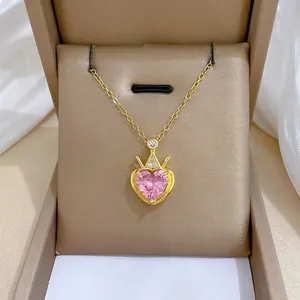 Crown Heart Pendant Necklace Pink Zircon Titanium Steel Chain Copper Micro Inlaid Elegant Jewelry For Women