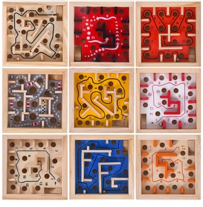 Collection of nine colorful wooden maze puzzles for kids focused on balance and concentration