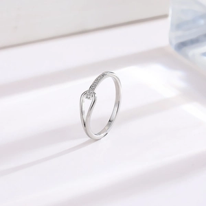 Minimalist silver titanium steel ring with hollowed rectangular crystal and zircon accents