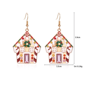 Detail showing dimensions of festive Christmas candy house earrings in red and white
