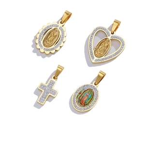 Religious pendant set with Virgin Mary icons and rhinestone cross in gold finish