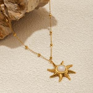 18K gold-plated stainless steel sun pendant necklace with opal gemstone on bead chain
