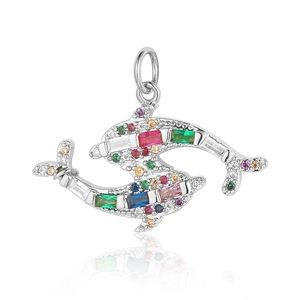 Macro view of silver dolphin pendant with colorful zircon stones and hanging loop