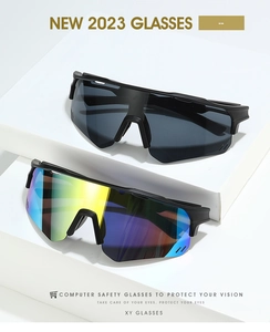 Detail view of sports sunglasses featuring iridescent and gray lenses with matte black frames