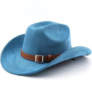 Chapeau de cowboy en daim bleu avec bandeau en cuir tressé marron et boucle en métal argenté