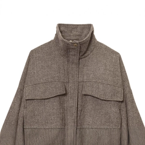 Women's dark brown herringbone bomber jacket with stand collar and chest pockets