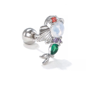 Macro shot of silver stainless steel barbell earring with multi-color zircon flower cluster