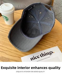 Detail of 100% cotton inner lining and adjustable metal buckle on dark grey baseball cap