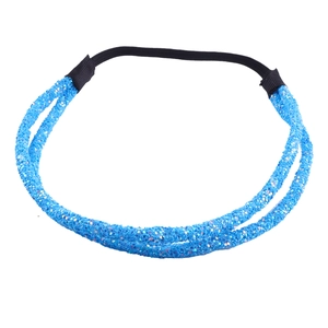 Sparkly blue glitter headband for women featuring a flexible black elastic strap