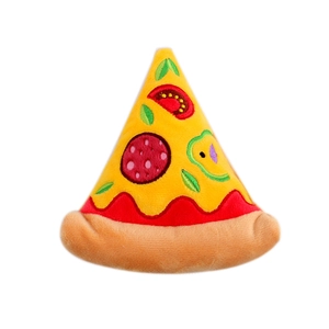 Plush pizza slice squeaky dog toy with embroidery details on a clean white background