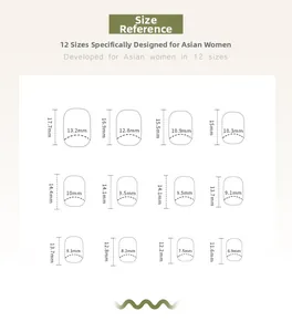 Detailed size chart showing 12 different nail press-on dimensions in millimeters