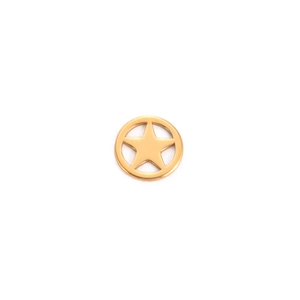 Polished gold pentagram star pendant accessory within a circular frame on white background