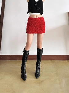 Sexy red mini skirt with 3D rose floral design paired with black studded leather boots