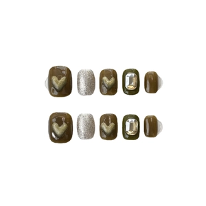 Handmade brown coffee press-on nails with 3D gold hearts and luxury crystal accents