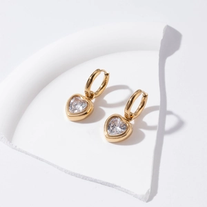 Elegant gold titanium steel heart earrings with sparkling zircon crystals for women