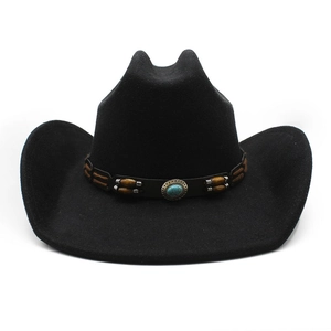 Black wool felt western cowboy hat with turquoise and wooden bead decorative band