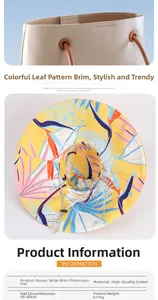 Detail of tropical palm leaf pattern on premium cotton wide brim sun hat for women
