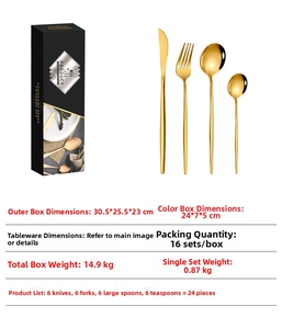 Detailed 24-piece golden stainless steel cutlery set with elegant black gift box