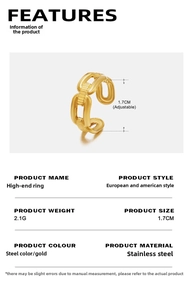 Detailed specs showing the 1.7cm adjustable inner diameter and 2.1g weight of golden ring
