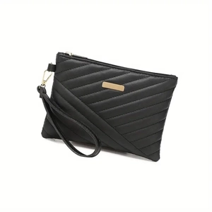 Modern black quilted wristlet clutch bag with gold metallic detail and zipper closure