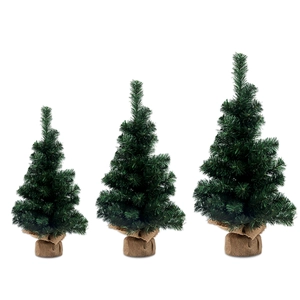 Three mini artificial Christmas trees with burlap bases for festive table decorations