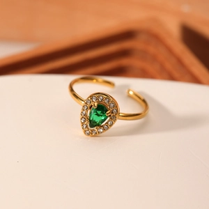 18K gold plated stainless steel ring with green teardrop zircon and pave accents