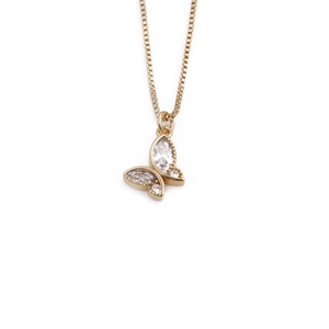 Close-up of golden butterfly pendant with clear cubic zirconia on a delicate box chain