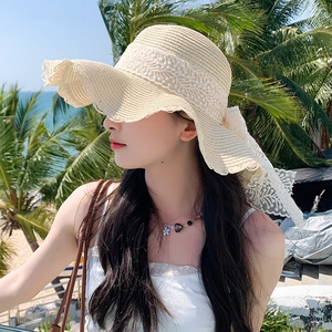 Women Wide Brim Straw Hat Summer Beach Sun Protection Paper Straw Chic Bowknot Vacation Casual Sun Hat For Ladies
