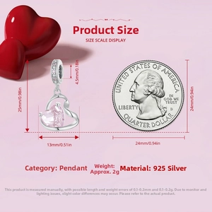 Size comparison of a 925 sterling silver pink heart charm next to a 25-cent coin