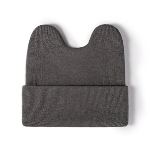 Dark grey knitted beanie with cute ear design and thick cuffed edge for women