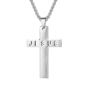 Men's hip hop stainless steel cross pendant necklace with Jesus engraving in silver tone