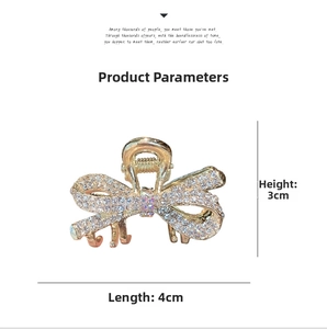 Close-up of cute rhinestone bow hair claw clip with detailed size dimensions