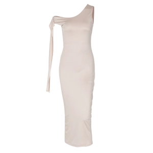 Detail of beige one-shoulder bodycon dress featuring elegant long shoulder streamers