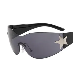 Y2K rimless star sunglasses with oversized grey lenses and silver star metal accents