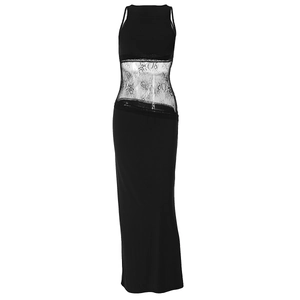 Detailed view of sheer lace patchwork and smooth fabric texture on black sleeveless dress
