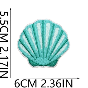 Detail view of teal seashell embroidery patch with precise size dimensions shown