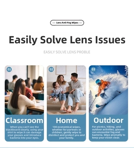 Three-panel view showing anti-fog lens wipes usage in classroom, home and outdoor settings